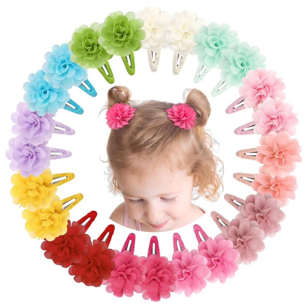 24PCS 2.7" Chiffon Flower Hair Bows Clips Flower Tiny Hair Clips Fine Hair for G